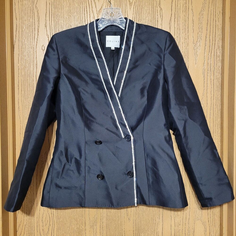 CELINE Silk Blazer Jacket Size 40 FR Black Crystal Trim Made in France Vintage